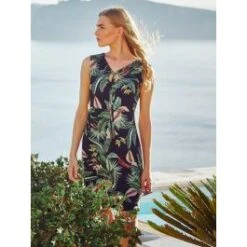 Viscose Strandkleid EXOTIC LEAVES Schwarz GrĂŒn Von FĂŒrstenberg